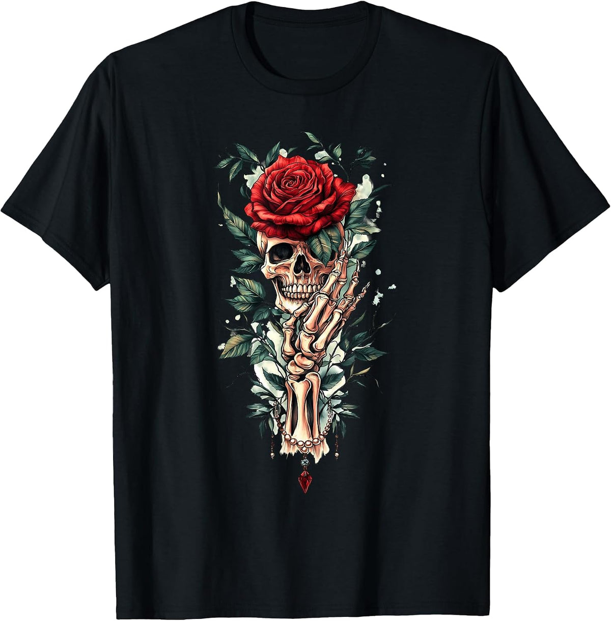 Skeleton Hand Holding Rose Flower Red Rose T-Shirt