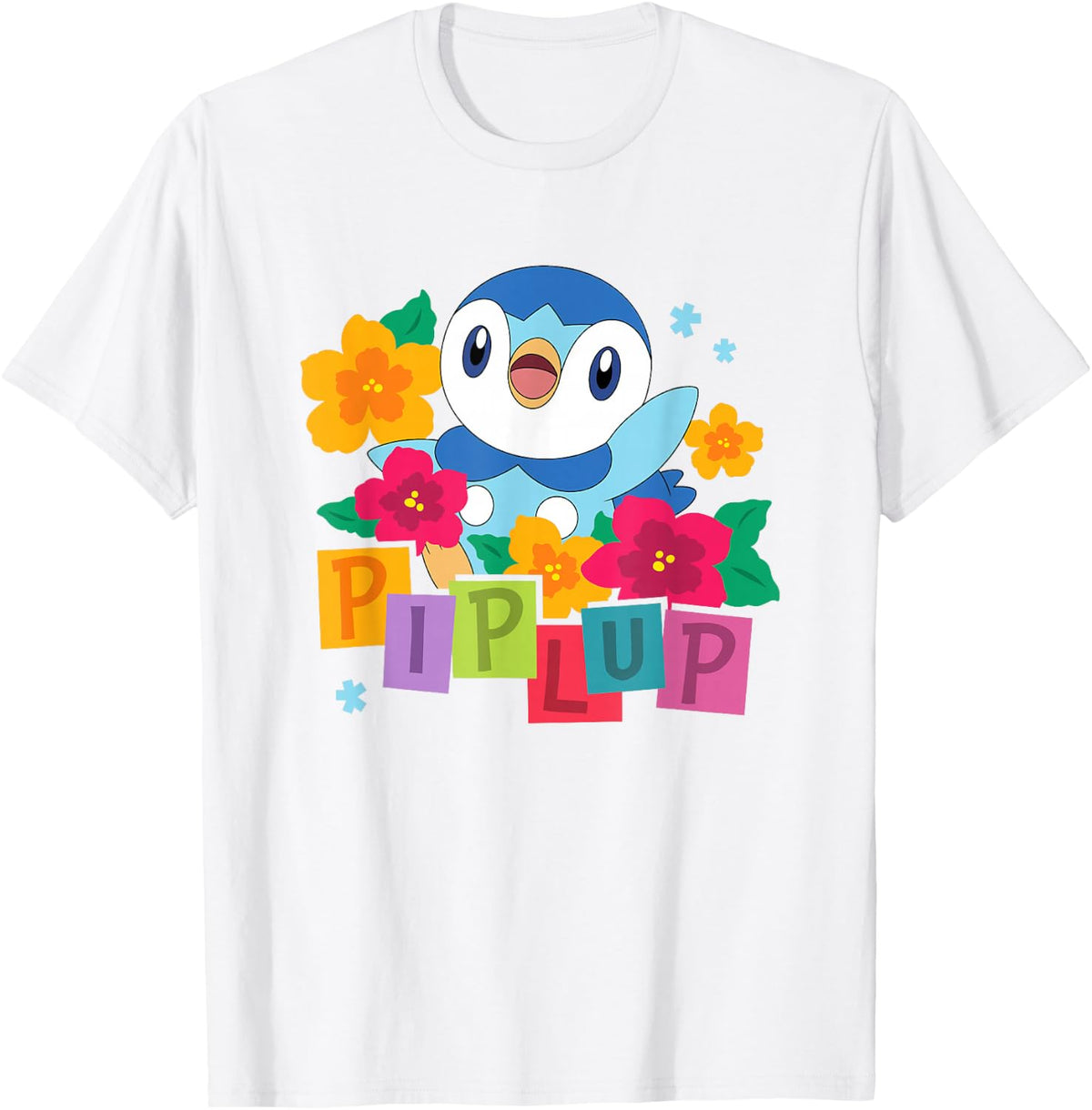 Pokémon Cute Happy Piplup Big Chest Colorful Floral Poster T-Shirt