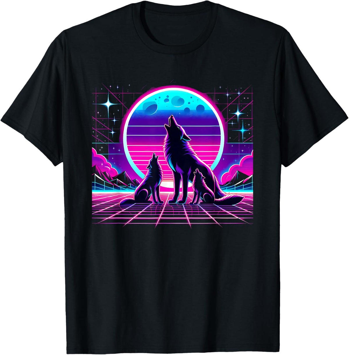 Retro 3 Wolves Howling at the Moon T-Shirt