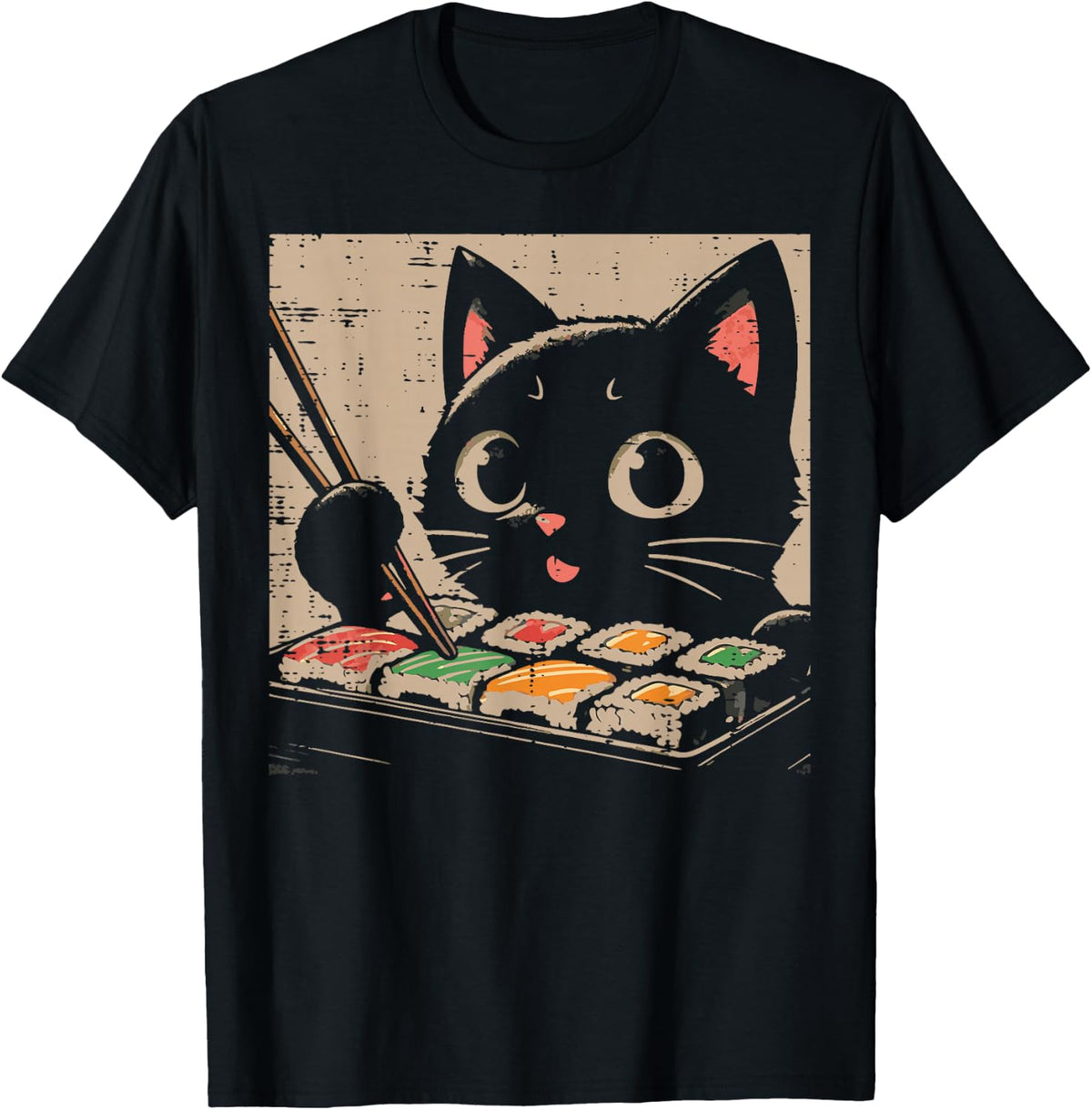 Black Cat Eating Sushi Kawaii Japanese Food Women Girls Kids T-Shirt