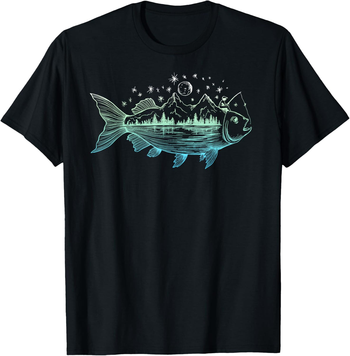 Cool Fish Shaped from Mountains Nature Scene Fishing T-Shirt