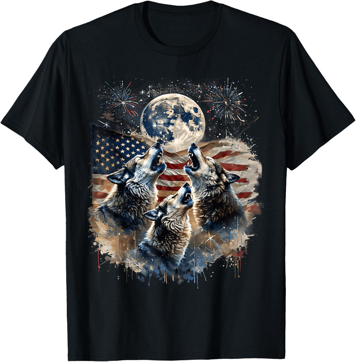Wolf 4th of July Howling Wolves Under Moon American Flag T-Shirt