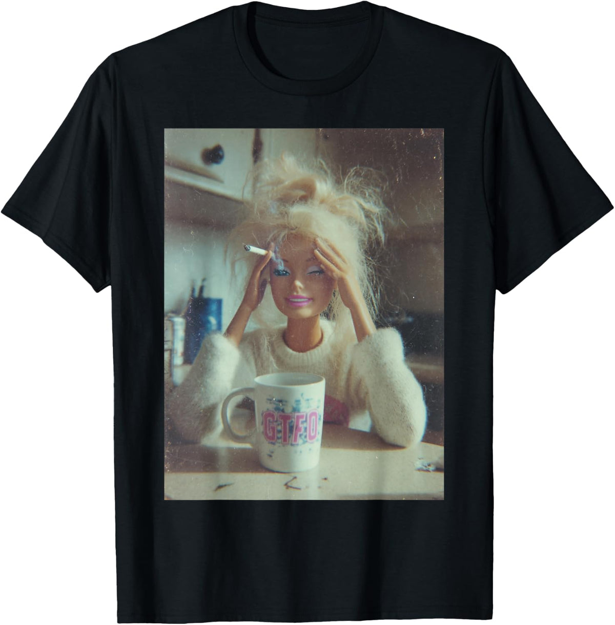 Funny Distressed Doll Face Meme Smoking Sarcastic Humor Gift T-Shirt
