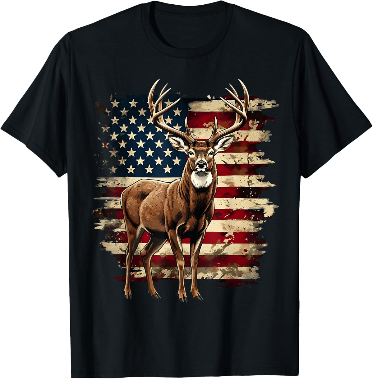 Deer Hunting American Flag Whitetail Buck Antlers T-Shirt