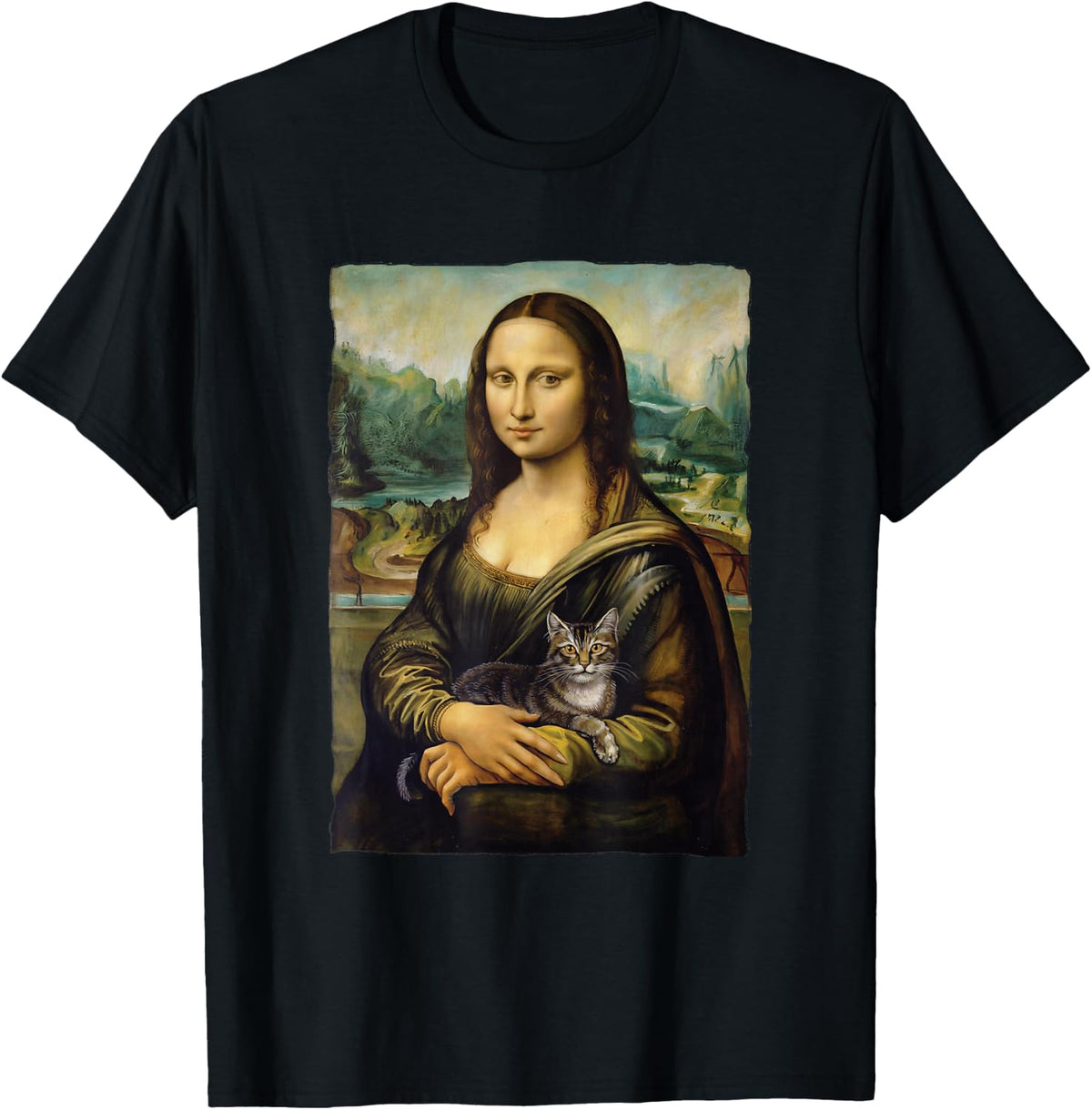 Mona Lisa Holding Grey Cat Portrait Art Painting T-Shirt