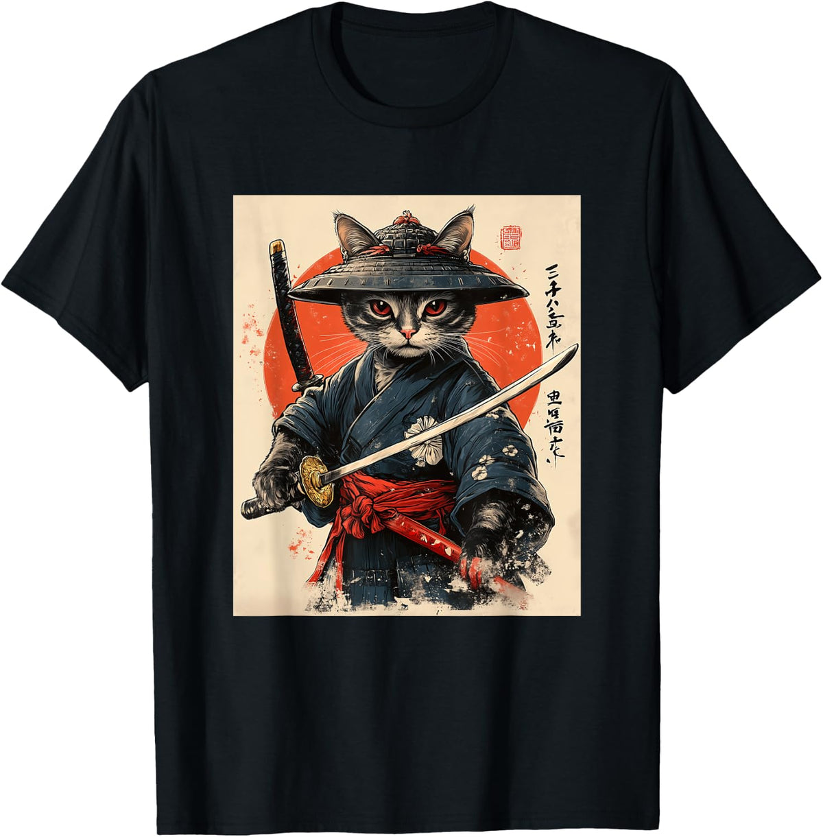 Samurai Cat T-Shirt - Japanese Art Style Warrior Graphic Tee T-Shirt