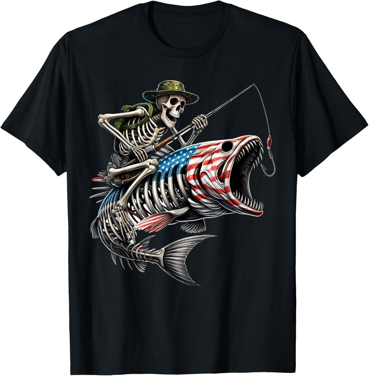 Fishing American Flag Bass Fish Skull Skeleton Fisherman T-Shirt