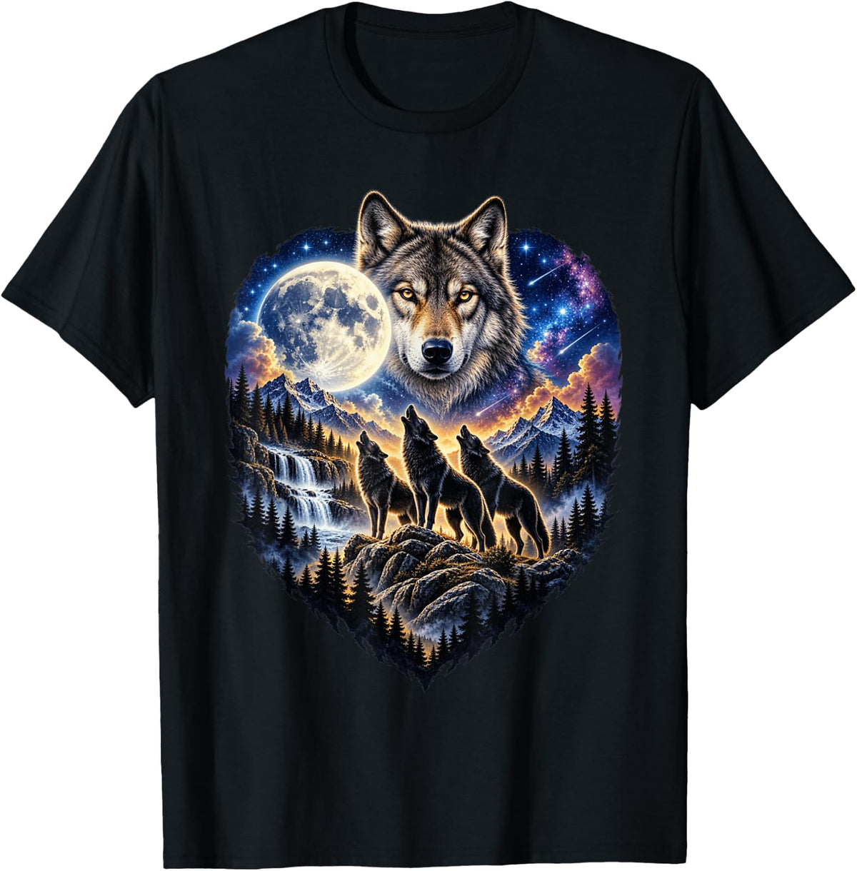 Three Wolves Howling at the Moon Forest Wildlife Art Design T-Shirt