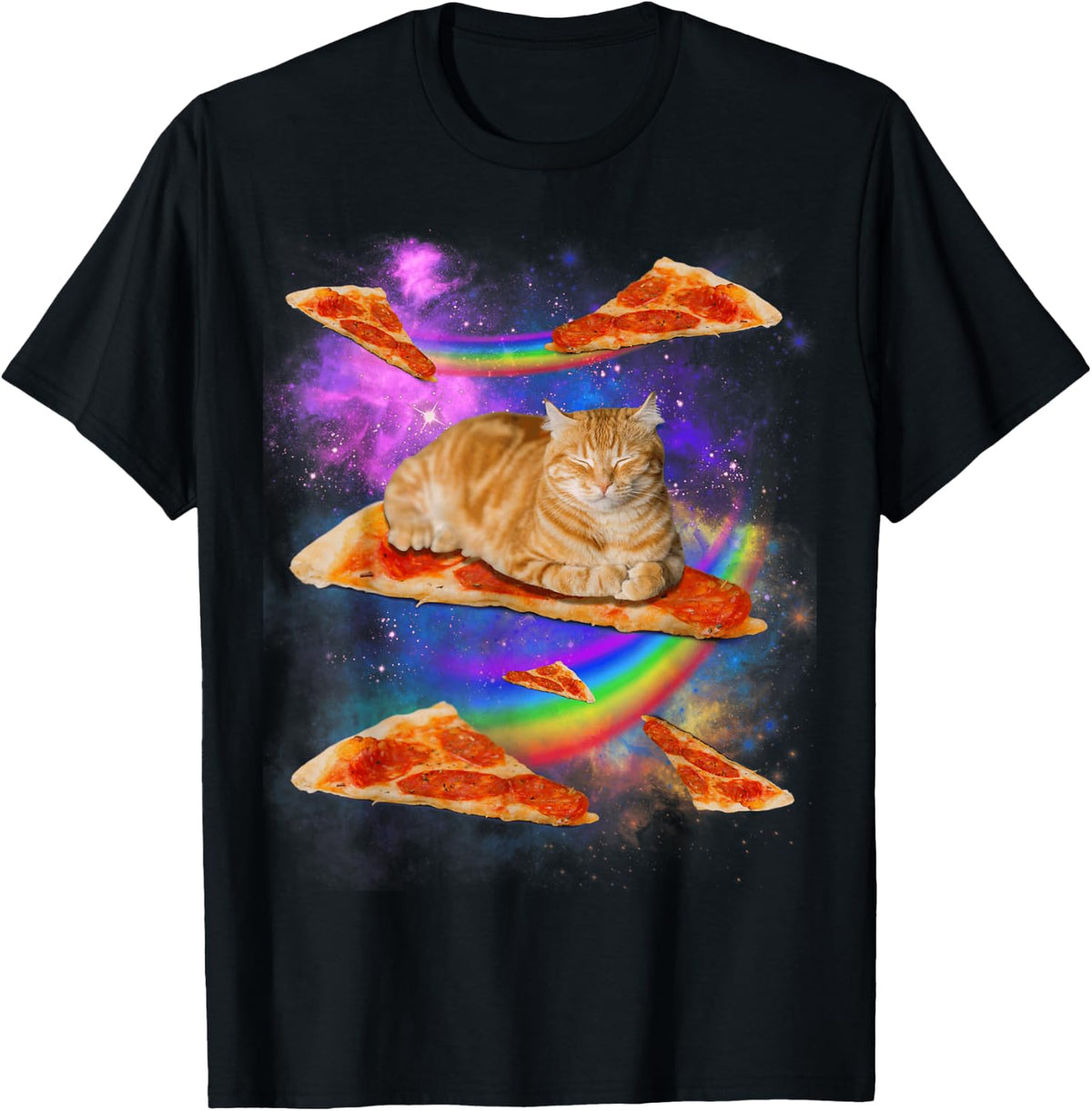 Funny Galaxy Cat in Space, Cat Riding Pizza T-Shirt