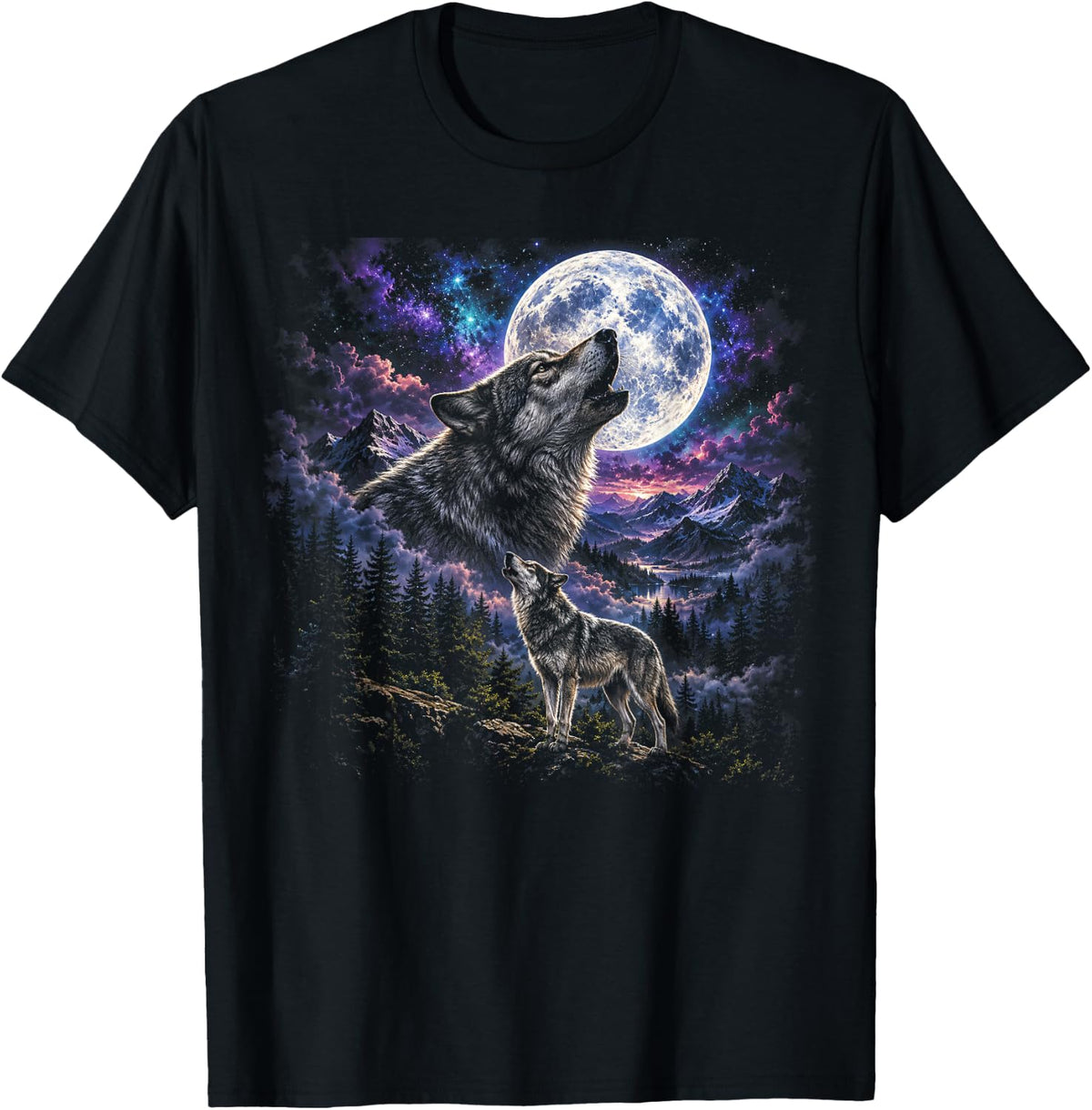 Howling Wolves in the Full Moon Moonlight with Starry Sky T-Shirt