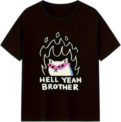 Hell Yeah Brother Cat Woodland Mens Oversized T-Shirt- 100% Cotton Retro Graphic Tee with Flaming Cat& Fashion Glasses Design