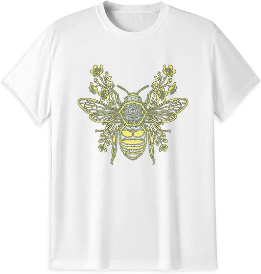 Botanical Bee T-Shirt, Floral Honey Bee Nature Lover Gift | A detailed botanical bee design for gardeners, pollinator fans, cottagecore outfits, nature lovers, and thoughtful gifts.