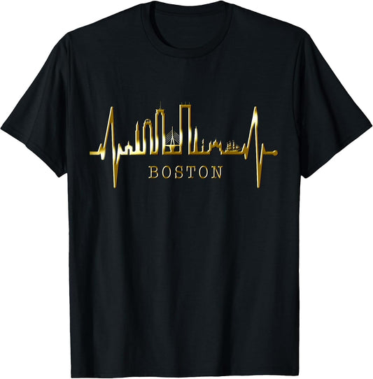 Boston Skyline Heartbeat Silhouette Heart I Love Boston MA T-Shirt