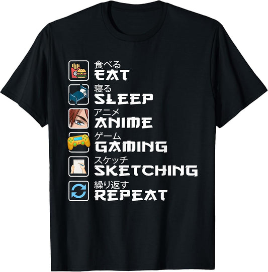 Eat Sleep Anime Gaming Sketching Kawaii Otaku Anime Manga T-Shirt