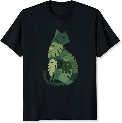 Leaf Cat Graphic Shirt Green Botanical Cat Silhouette Illustration Tee Tropical Plant Leaf Shirt