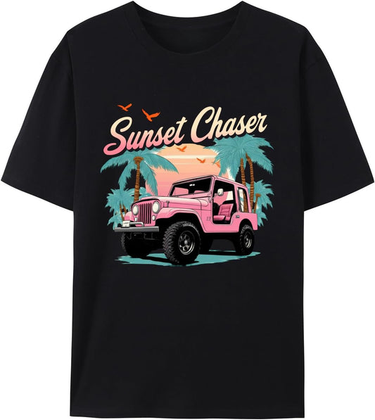 Women's Sunset Chase Graphic T Shirts, Vintage Car Printed Tees for Men, Cotton Short Sleeve T-Shirt Summer Tops