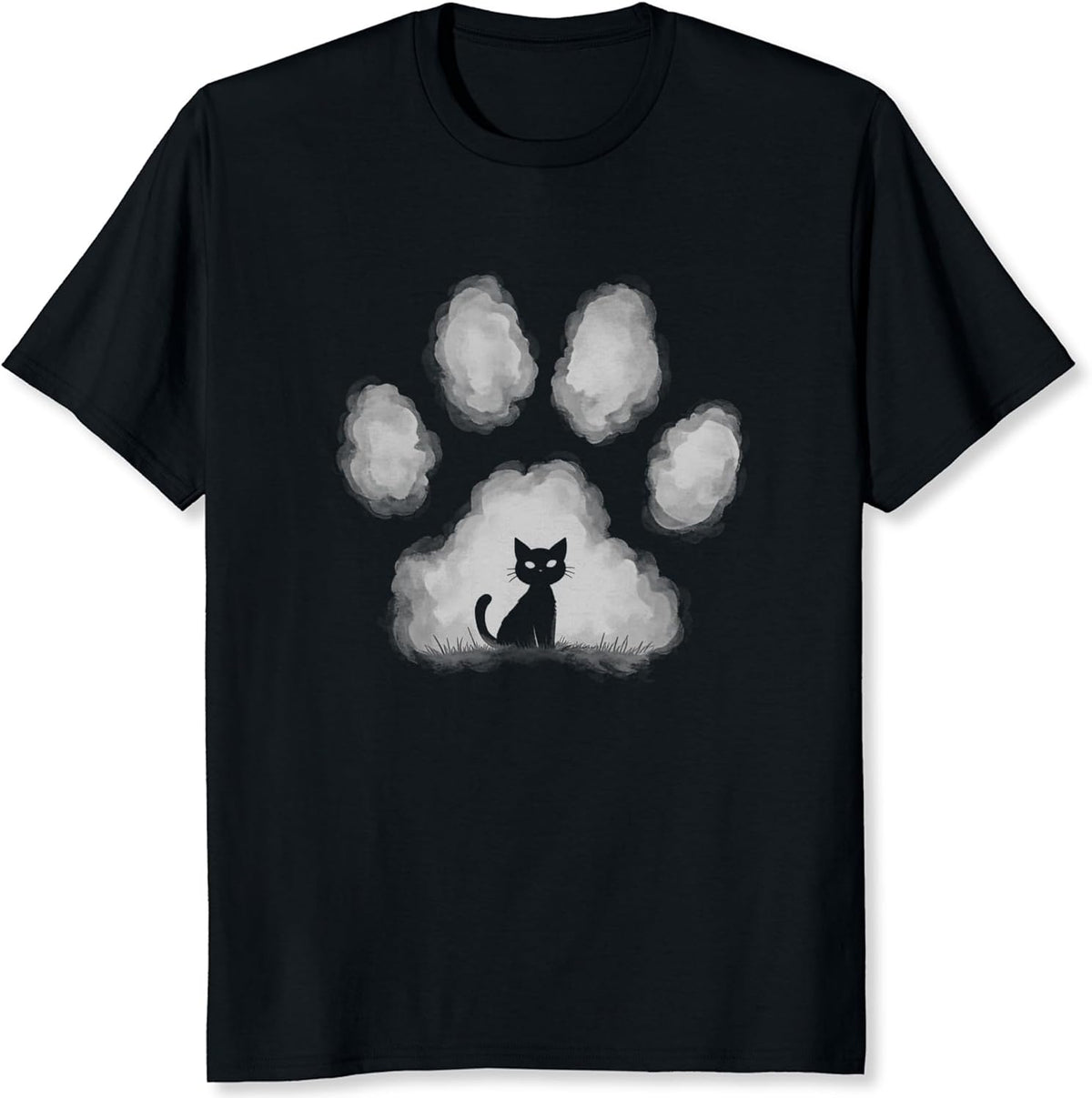 Black Cat with Paw Prints Shirt Cat Silhouette Graphic Tee Hand-Drawn Paw Shirt
