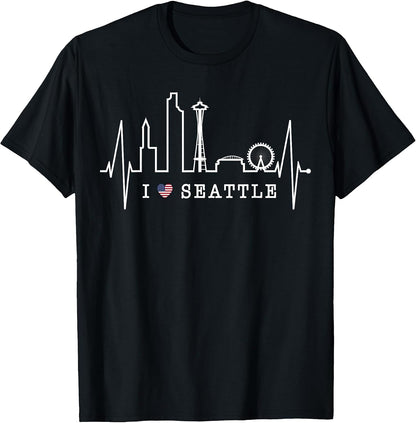 Seattle Skyline Heartbeat Silhouette Heart I Love Seattle T-Shirt