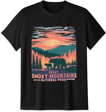 Great Smoky Mountains National Park T-Shirt, Hiking Travel Gift | A vintage mountain sunset and bear design for hiking trips, Tennessee vacations, outdoor wear, and national park gifts.