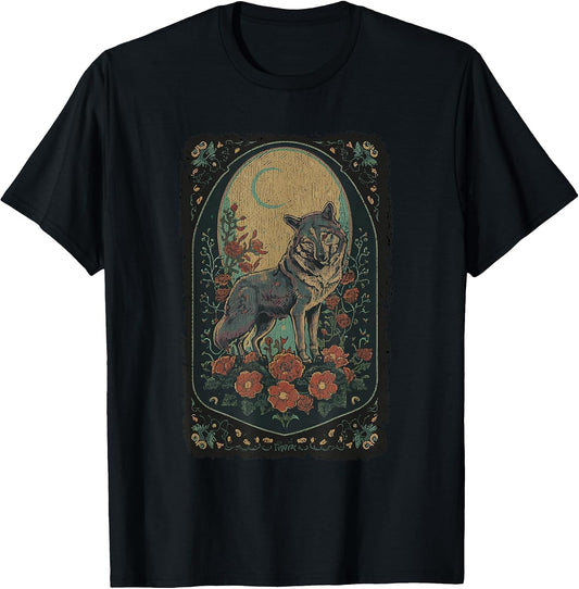 Wolf Tarot Card Women Full Moon Cottagecore Kids Floral Wolf T-Shirt