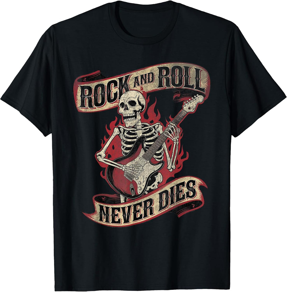 Rock and Roll Never Dies Skeleton Vintage Rock Music T-Shirt
