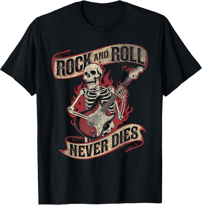 Rock and Roll Never Dies Skeleton Vintage Rock Music T-Shirt