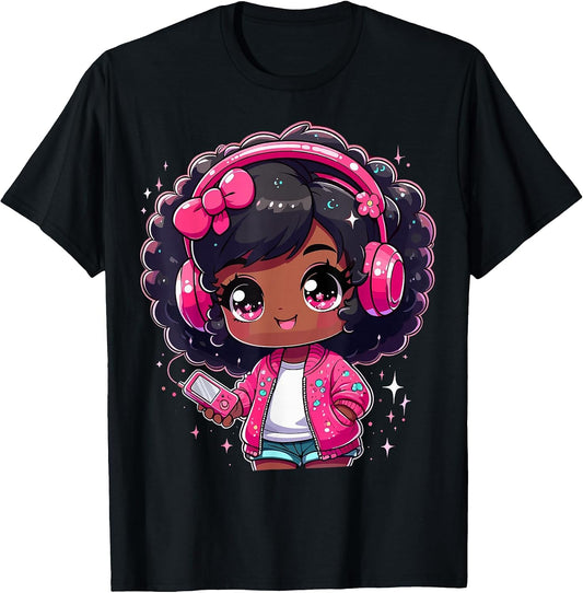 Black Girl Anime Music Headphones T-Shirt