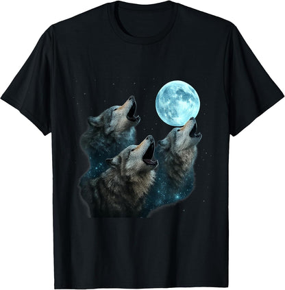 Three Wolves Howling at Cyan Moon Night Mystic Glow T-Shirt