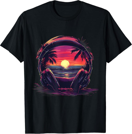 Headphones Music DJ House Music Sunset Artwork Beatmaker T-Shirt