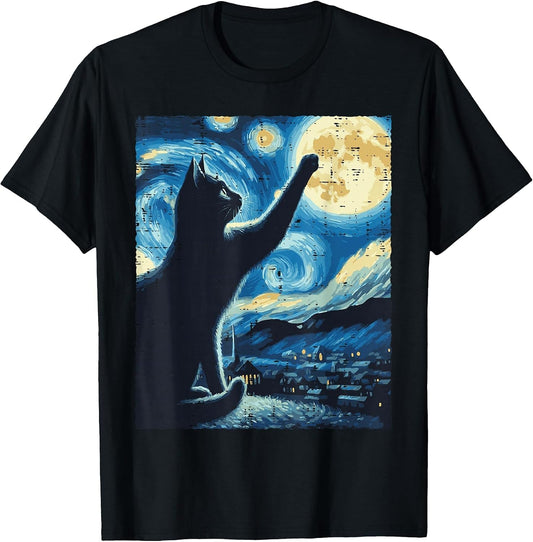 Cat Reaching Moon Starry Night Funny Kitten Men Women Kids T-Shirt