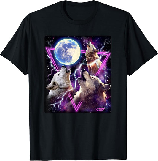 Epic Three Wolves Howling at the Moon 80's Poster Style Wolf T-Shirt