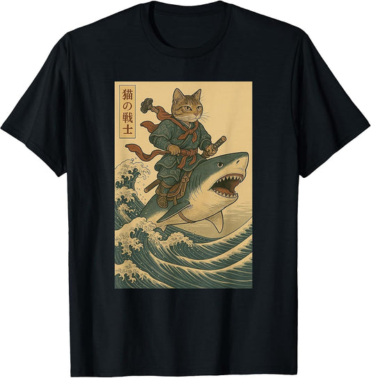 Vintage Anime Cat Japanese Funny Samurai Cat Riding Shark T-Shirt