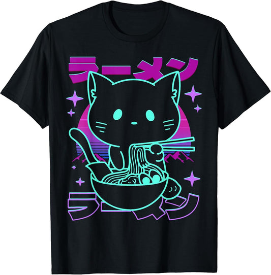 Anime Ramen Cat Retro Japanese Noodles Aesthetic Kawaii Cat T-Shirt