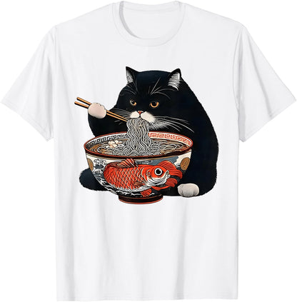 Funny Black Fat Cat Eating Ramen T-Shirt