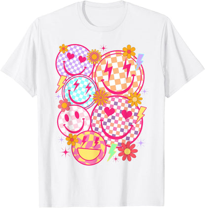 Retro Happy Face Checkered Pattern Smile Face Trendy Funny T-Shirt