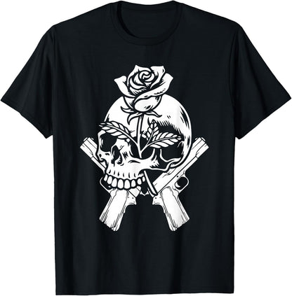 Guitar 1980s - 80s Glam Rock Skeleton Skull Roses Guns T-Shirt