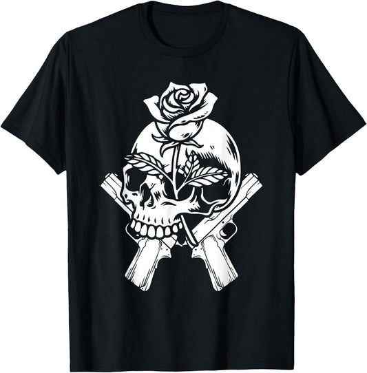 Guitar 1980s - 80s Glam Rock Skeleton Skull Roses Guns T-Shirt