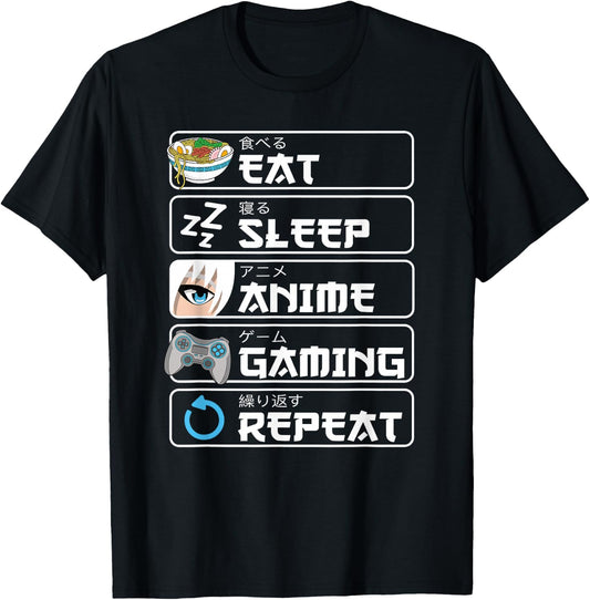 Eat Sleep Anime Gaming Repeat Manga Otaku Men Boys T-Shirt