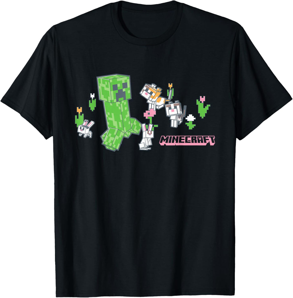 Minecraft Creeper with Bunnies and Cats Pixel Garden T-Shirt