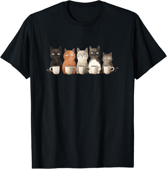 Funny Cats with Coffee, Cats in a Line with Coffee or Tea T-Shirt
