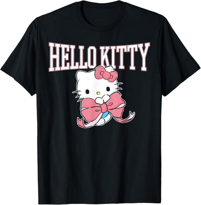 Hello Kitty Holding Pink Bow Collegiate Style Lettering T-Shirt