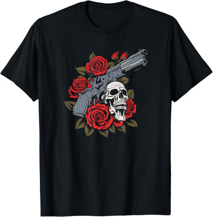 Skeleton Roses 1980s Glam 80s - Guns Rock Music Skull Rose T-Shirt