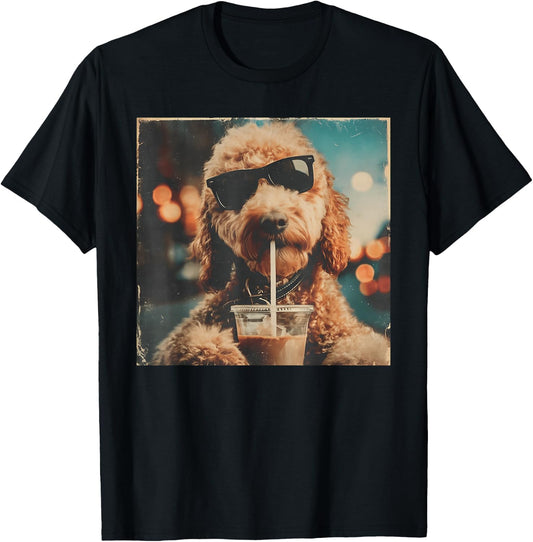 Funny Goldendoodle Drinking Iced Coffee Dog with Sunglasses T-Shirt