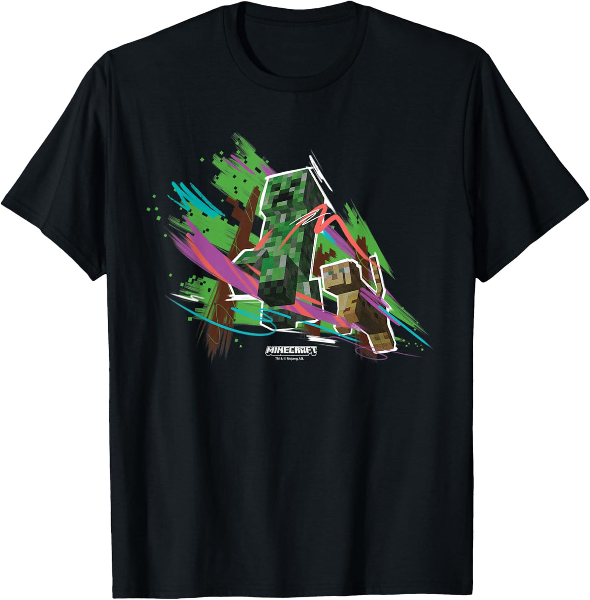 Minecraft Creeper Running from Cat Paint Brush Strokes Art T-Shirt