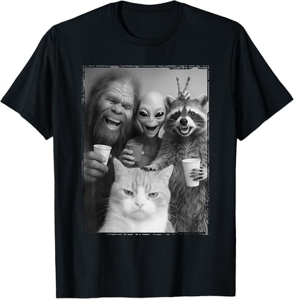 Cat Selfie with Bigfoot, Alien & Racoon | Funny Cat T-Shirt