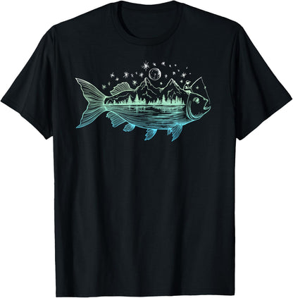 Cool Fish Shaped from Mountains Nature Scene Fishing T-Shirt