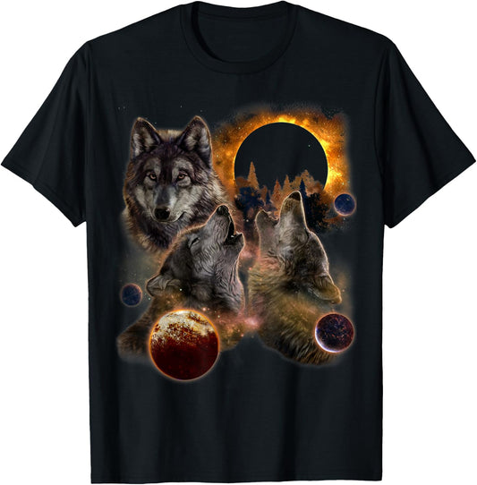 Three Wolf Under Solar Eclipse Moon T-Shirt