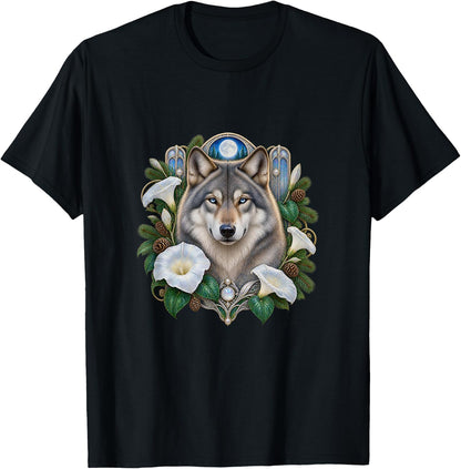Gray Wolf with Moonlit White Flowers T-Shirt
