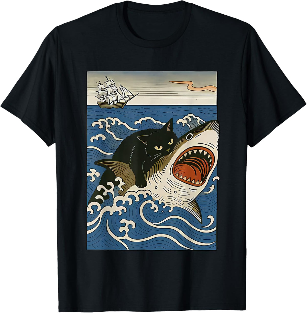 Black Cat Hunting Shark Ukiyo-e Ocean Art Japanese Style Graphic Tee T-Shirt