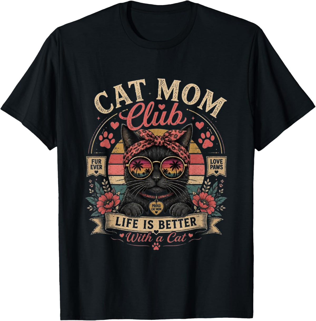 Cat Mom Club Vintage Black Cat Retro Sunset T-Shirt